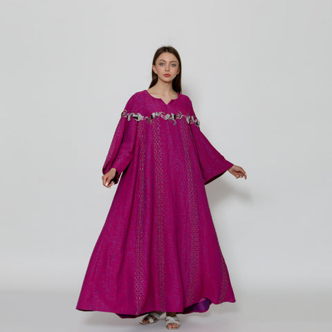 دراعة فخمة مبطنة بقبة دائرية وأكمام كلوش - مشغولة يدوياً | جاكار خفيف لجميع الفصول - tahaniboutique