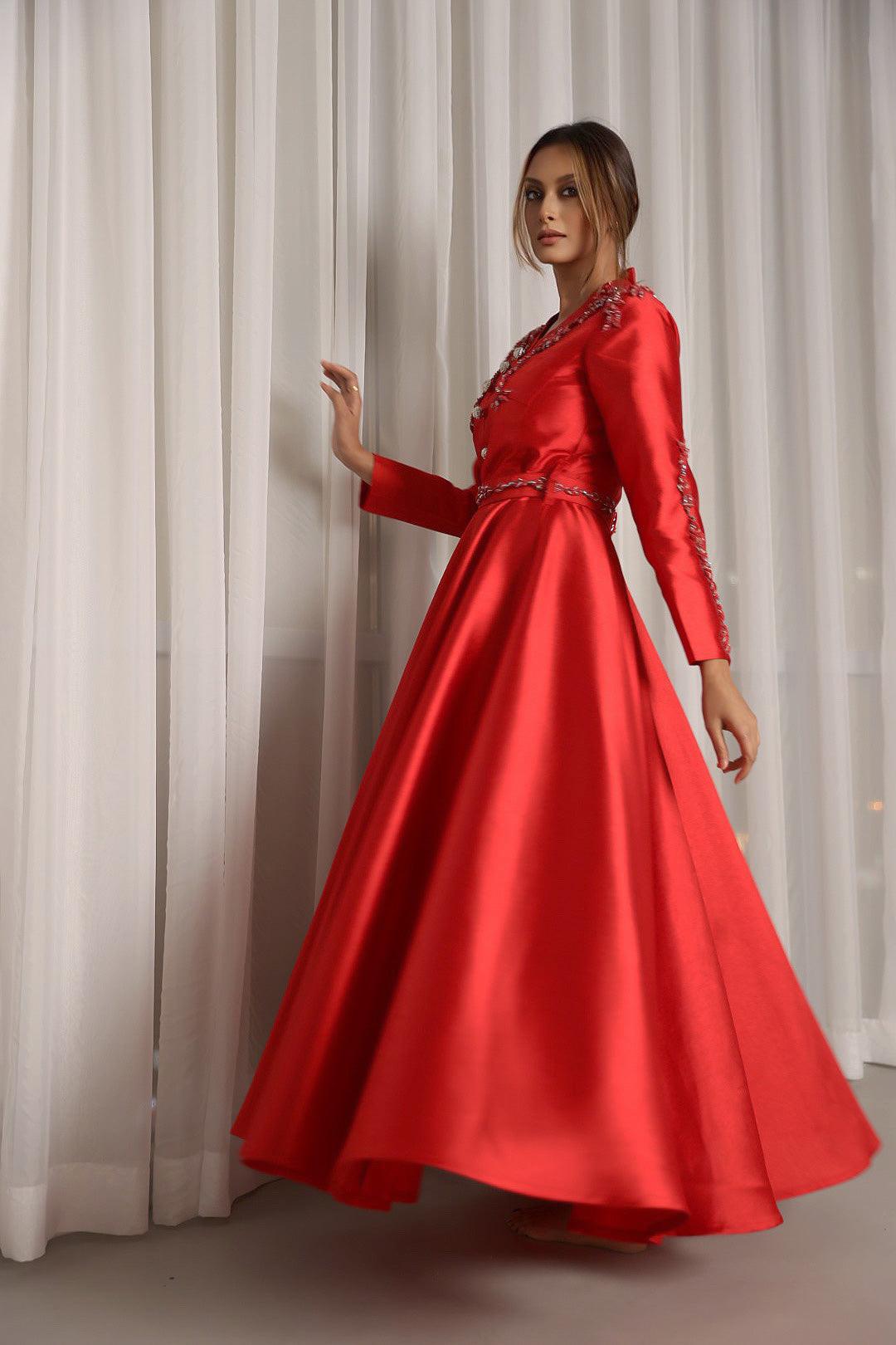 طقم نسائي فاخر من جاكار كرستال - تصميم يدوي مع حزام - tahaniboutique