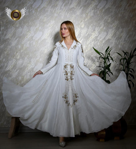 فستان سهرة فخم بقصة خصر - لينن سلك مبطن مزين باللؤلؤ - tahaniboutique