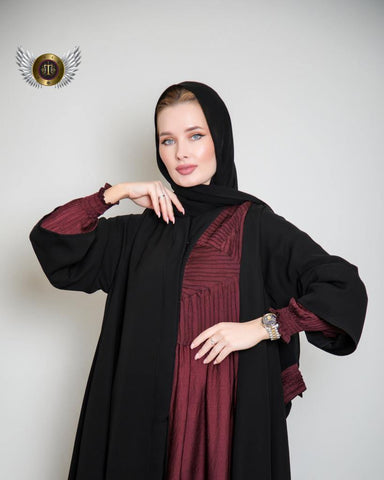 عباية ملونة أسود وخمري مع ملفع من تهاني بوتيك - tahaniboutique