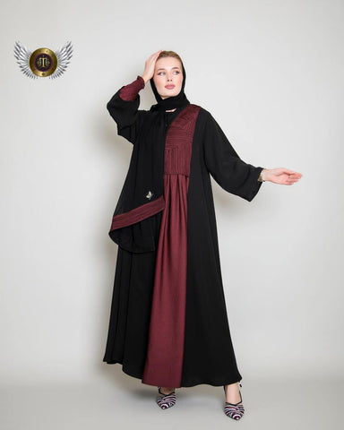 عباية ملونة أسود وخمري مع ملفع من تهاني بوتيك - tahaniboutique