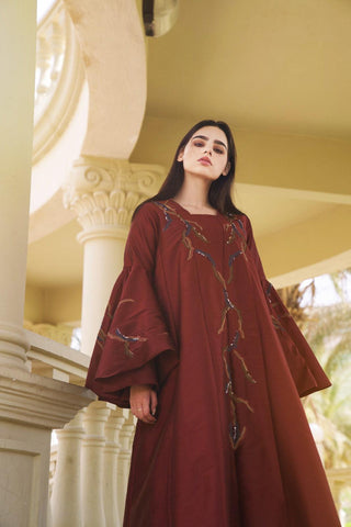 دراعة فخمة ملونة بقصات دبل كلوش - شغل يدوي | قماش شانتون - tahaniboutique