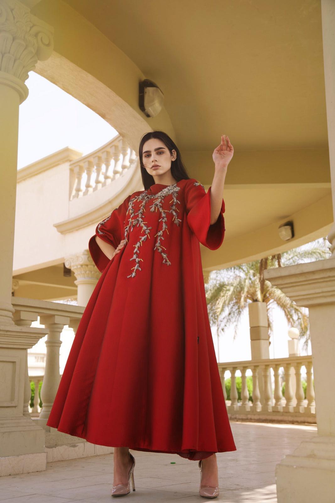 دراعة حمراء كرستال ونمنم - tahaniboutique